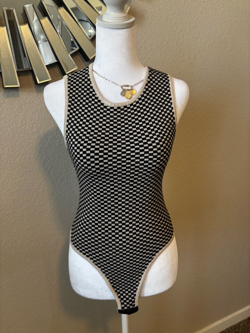 Checkerboard Ribbed Scoop Neck Bodysuit in Black and Cream